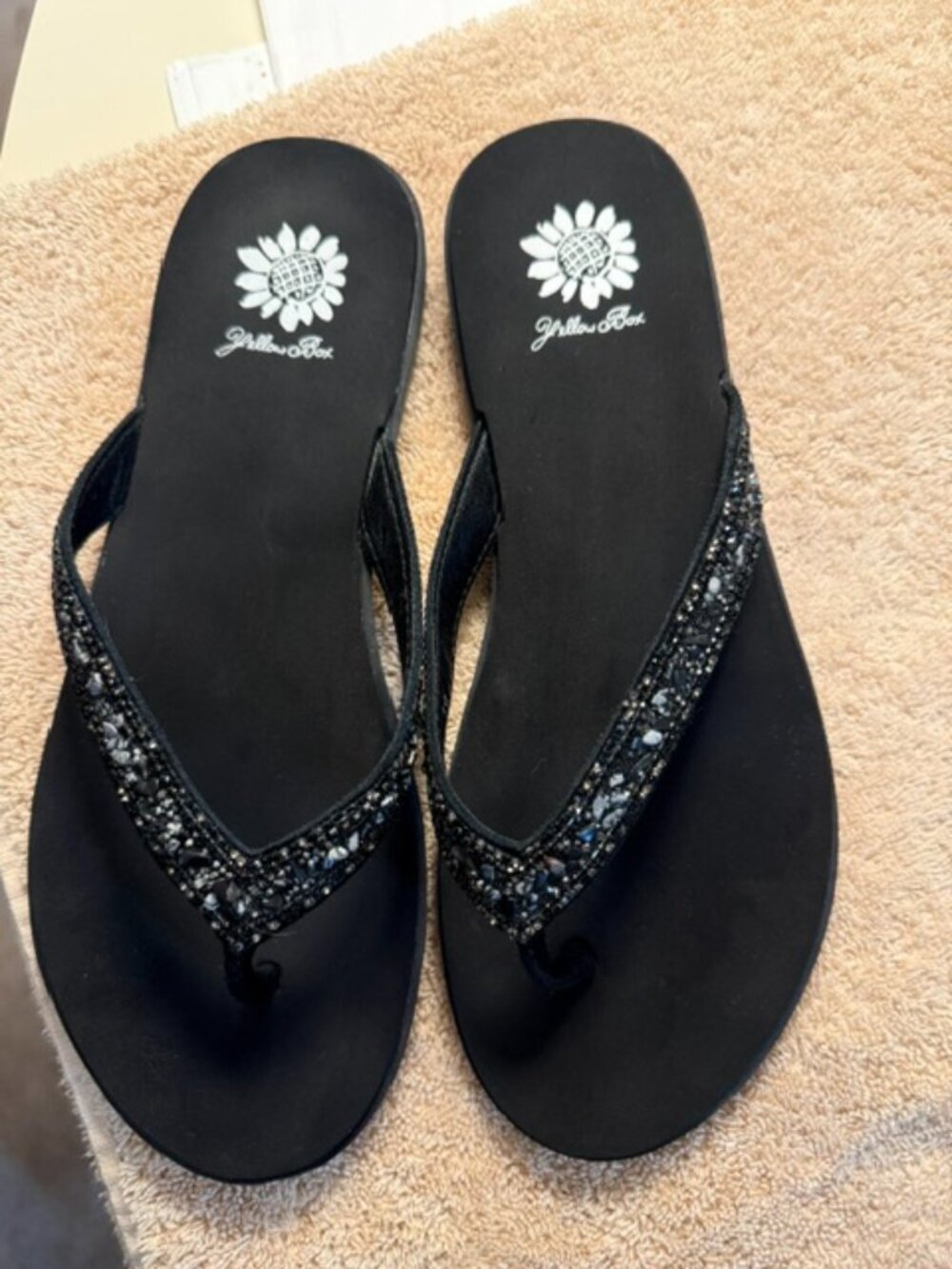 Yellow Box Black Rhinestone Embellished Flip Flop Sandals Sparkle SKU218
